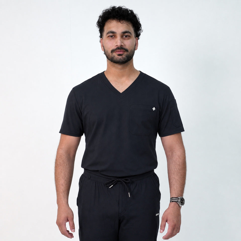 Men's Midnight Black V-Neck Scrub Set by PulseScrubs – medical scrubs Pakistan