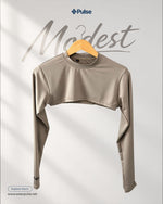Pulse Modest in Sand Beige – flat on hanger | modest under-scrub layer for women | Pulse Scrubs Pakistan