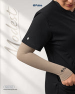 Pulse Modest in Sand Beige – sleeve close-up under scrubs | modest under-scrub layer for women | Pulse Scrubs Pakistan