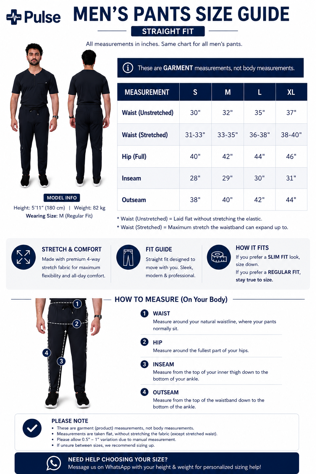 Men's Pants Size Chart (Straight Fit)
