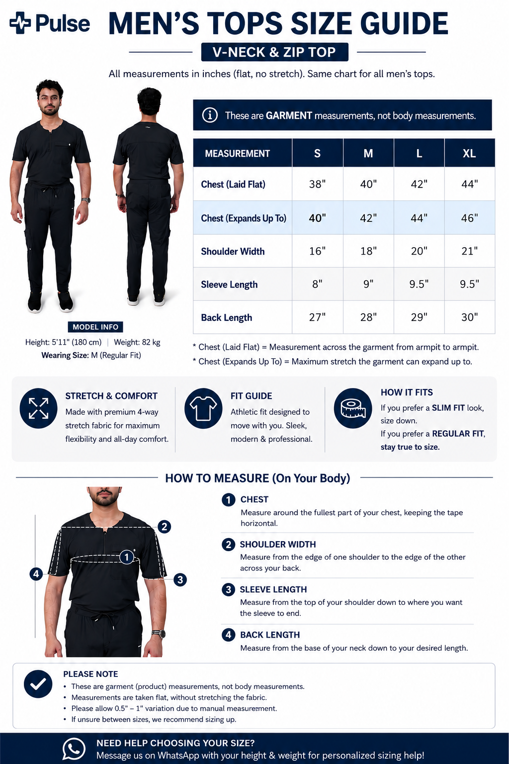 Men's Tops Size Chart (V-Neck & Zip Top)