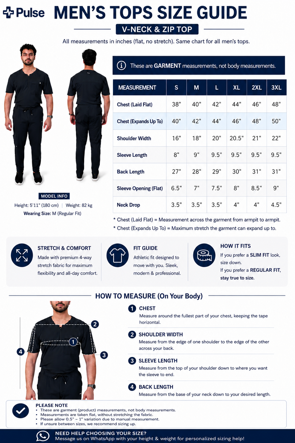 Men's Tops Size Chart (V-Neck & Zip Top)