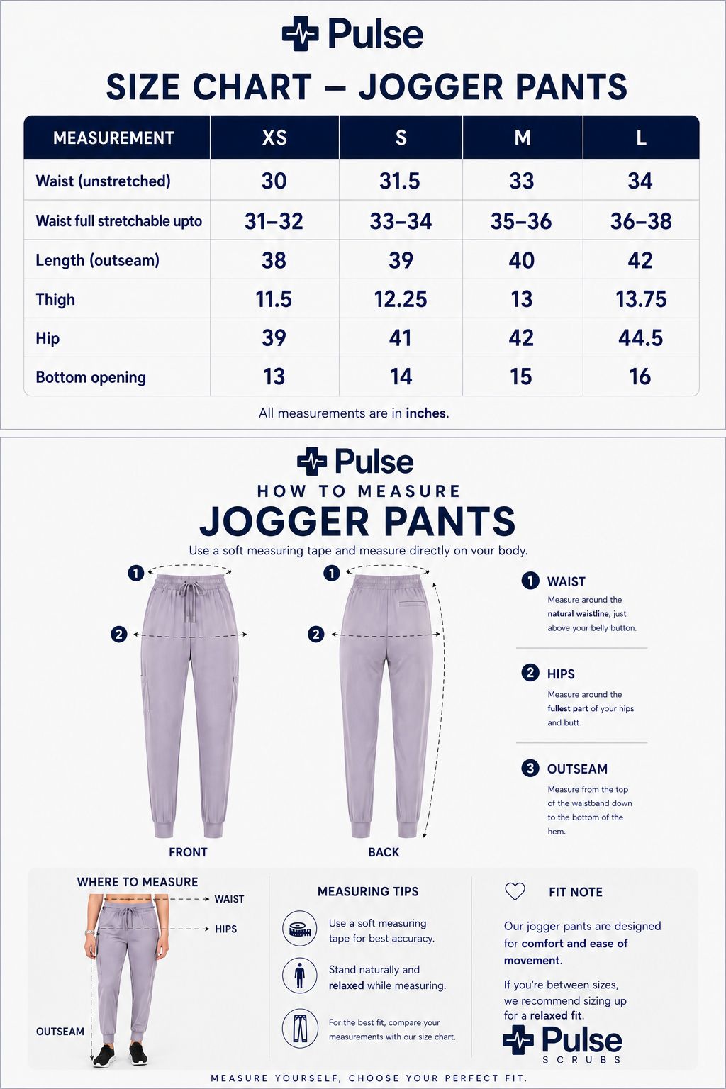 Women's Jogger Pants Size Chart
