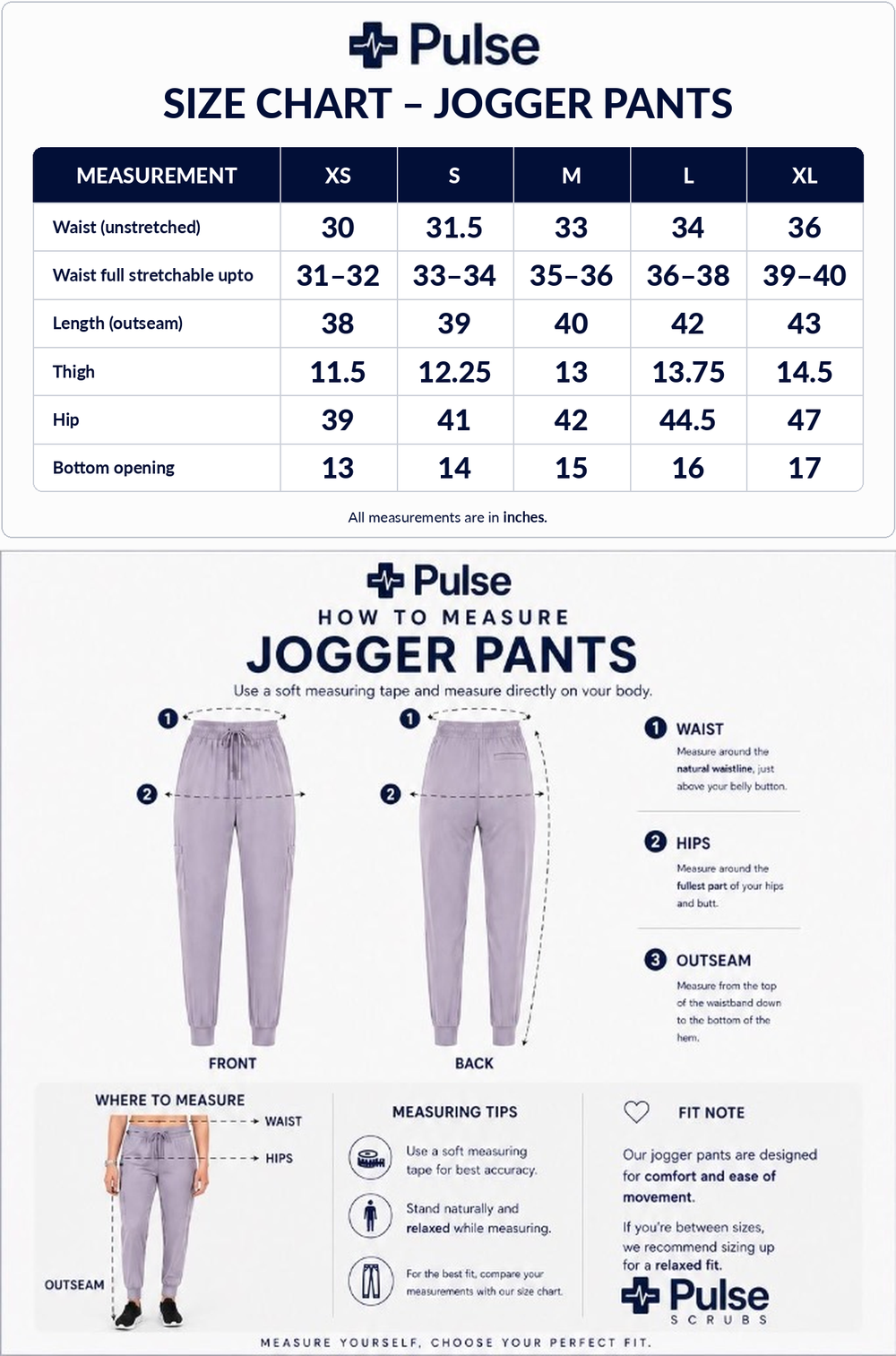 Women's Jogger Pants Size Chart