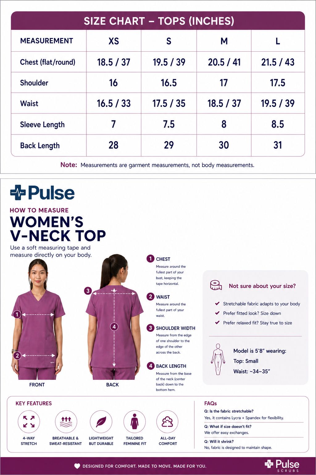 Women's V-Neck Top Size Chart