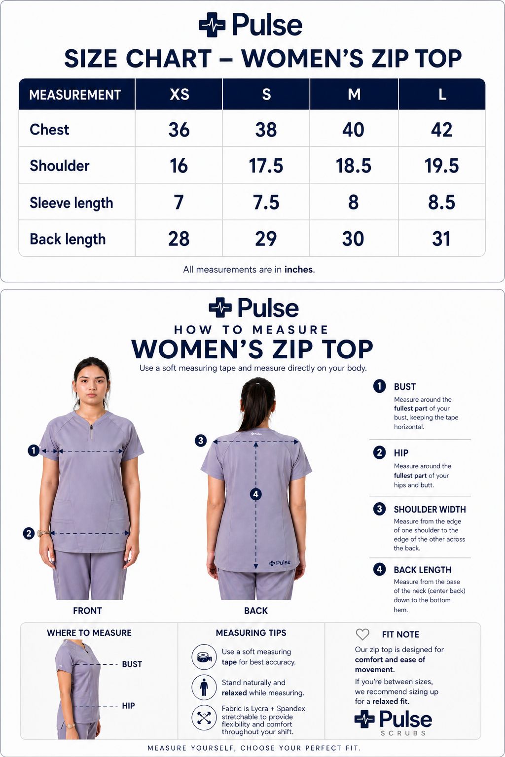 Women's Zip Top Size Chart